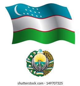 uzbekistan wavy flag and coat of arm against white background, vector art illustration, image contains transparency
