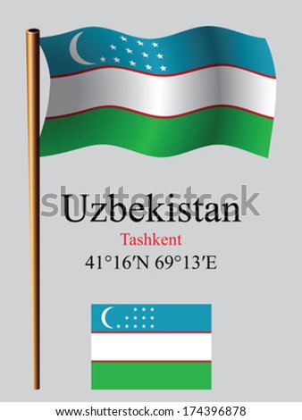 uzbekistan wavy flag and coordinates against gray background, vector art illustration, image contains transparency