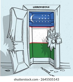 O caminho do Uzbequistão para a liberdade. Ilustração política de uma porta quebrada, mas trancada, com a bandeira nacional. Uma metáfora para luta e esperança.
