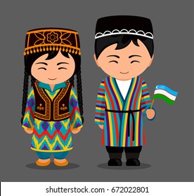 Uzbeks in national dress with a flag. Man and woman in traditional costume. Travel to Uzbekistan. People. Vector flat illustration.