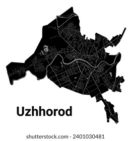 Mapa de la ciudad de Uzhhorod, Ucrania. Fronteras administrativas municipales, mapa de zonas negras y blancas con ríos y carreteras, parques y ferrocarriles. Ilustración vectorial.