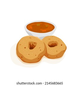 Uzhunnu vada o Medu vada es un bocadillo de desayuno del sur de India con ilustración de vector sambar