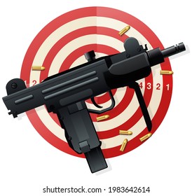 Subametralladora Uzi con un blanco de disparos en el fondo