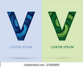 V ,Abstract , font, concept Spin water, wind and natural, designed using blue and green grunge brush,sign.