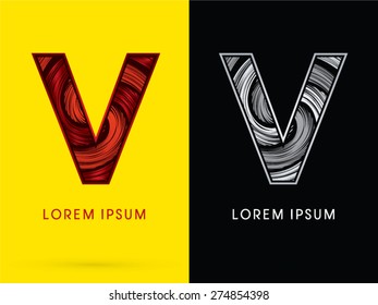 V ,Abstract , font, concept  Spin, designed using red,black and white, grunge brush, sign.