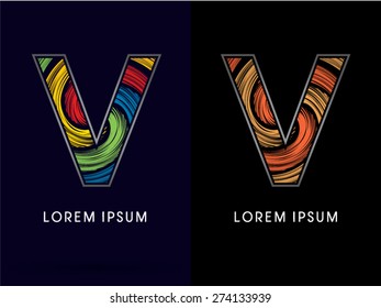 V ,Abstract , font, concept Spin,designed using colors and gold silver bronze grunge brush,sign ,logo, symbol, icon, graphic, vector.