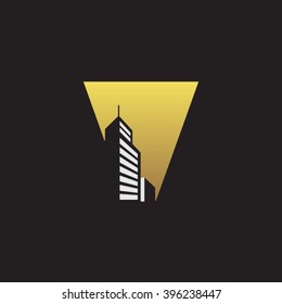V alphabet building negative space letter logo gold black background