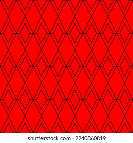 V alphabet letter repeating pattern on red background vector. Diamond fabric, ethnic, rhombus, thin diagonal lines, triangle background. Wall and floor ceramic tiles seamless pattern.