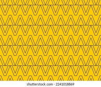 V alphabet letter repeating pattern on yellow background vector. Zigzag chevron, ethnic, thin diagonal lines, triangle background. Wall and floor ceramic tiles seamless pattern.