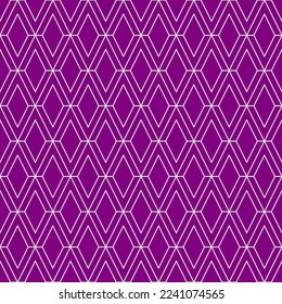 V alphabet letter repeating pattern on purple background vector. Diamond fabric, ethnic, rhombus, thin diagonal lines, triangle background. Wall and floor ceramic tiles seamless pattern.