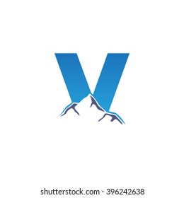 V alphabet mountain negative space letter logo blue