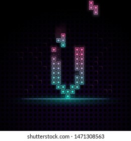 V Alphabet in Pixel art, 8bit game, Synth wave style, 80s-90s