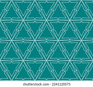 V alphabet star repeating pattern on teal green background vector. Christmas, ethnic, snowflakes, thin diagonal lines, triangle background. Wall and floor ceramic tiles seamless pattern.