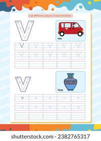 Hoja de trabajo de práctica de seguimiento del alfabeto V. Página de libro de coloración educativa con ilustración de vector de esquema para preescolar
