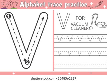 V alphabet tracing practice worksheet and Vacuum Cleaner coloring book page with outline vector for Pre-school Kids
