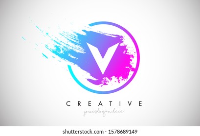 V Artistic Brush Letter Logo Design in Purple Blue Colors Vector Illustration.