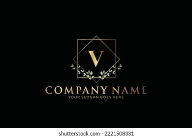V Beauty vector initial logo, Golden floral letters with flowers leaves and gold splatters isolated on white background. Vector illustration for wedding, greeting cards, invitations template design
