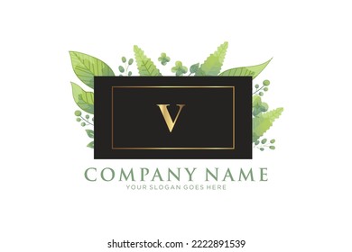 V Beauty vector initial logo, Golden floral letters with flowers leaves and gold splatters isolated on white background. Vector illustration for wedding, greeting cards, invitations template design