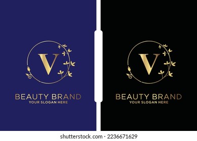 V Beauty vector initial logo, Golden floral letters with flowers leaves and gold splatters isolated on white background. Vector illustration for wedding, greeting cards, invitations template design