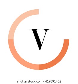 V black letters , modern type of font , tree orange colors , simply alphabet like design identity