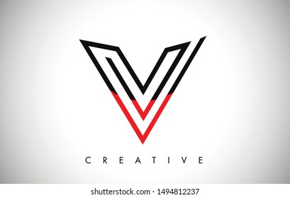 V Black and Red Letter Logo. Creative V Letter Logo Icon Design with Monogram Line Vector Illustration. V Letter Logo