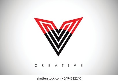 V Black and Red Letter Logo. Creative V Letter Logo Icon Design with Monogram Line Vector Illustration. V Letter Logo