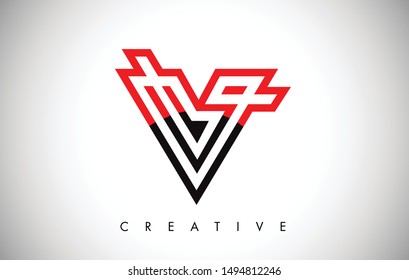 V Black and Red Letter Logo. Creative V Letter Logo Icon Design with Monogram Line Vector Illustration. V Letter Logo