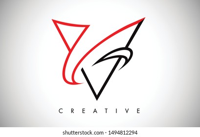 V Black and Red Letter Logo. Creative V Letter Logo Icon Design with Monogram Line Vector Illustration. V Letter Logo