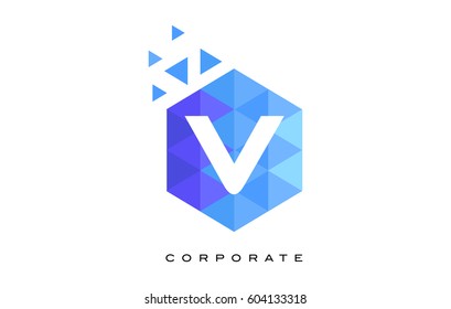 V Blue Hexagonal Letter Logo Design with Mosaic Blue Pattern.