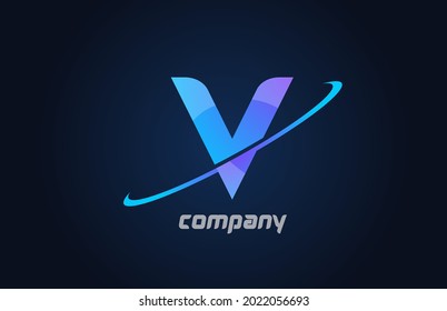 V blue swoosh alphabet letter logo icon template. Creative design for company and business