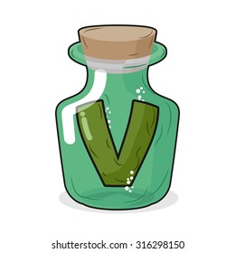 V in  bottle. Green letter in blue glass jar. Magic potion container and a wooden stopper. Vector illustration of a laboratory flask vessel