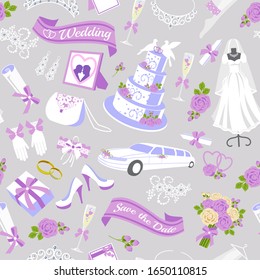 v Bridal showel seamless pattern vector illustration. Bride, bouquet, wedding car and cake, accesories. Bridal shower or wedding background. Wedding dresses shop boutique.