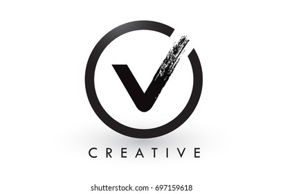 V Brush Letter Logo Design with Black Circle. Creative Brushed Letters Icon Logo.