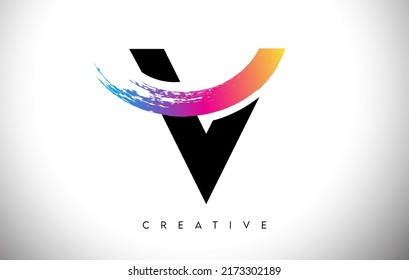 V Brush Stroke Artistic Letter Logo Design with Creative Modern Look and Vibrant Colors Vector Illustration.