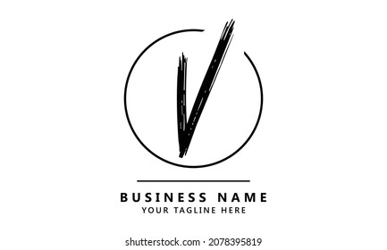 Diseño del logotipo de la carta de punteo del pincel V. Icono de las letras del logotipo de pintura negra con diseño de vectores de círculo elegante.