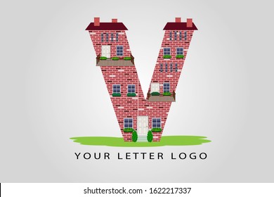 V building letter vector illustration.  House letter with windows, balcony, doors, roof, bricks, chimneys and flowers for logo, label, cover, brochure, card, real estate agency or web page design.