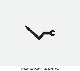 V and C letter vector icon. Logo design with constructor materials.Representation of Letter V and C with wrench and drill bit.