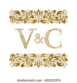 V and C vintage initials logo symbol. The letters are surrounded by ornamental elements. Wedding or business partners monogram in royal style.