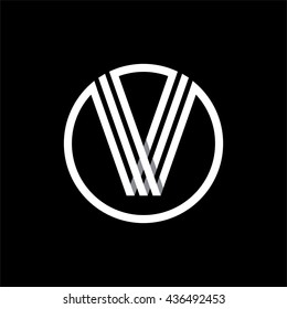 V capital letter made of of three white stripes enclosed in a circle . Overlapping with shadows monogram, logo, emblem. Trendy design.