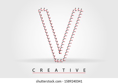 V casino letter with little many poker symbols. Peak, Clubs, Cherva, Tambourine. Styled vector font for casino, online slots, gamble, poker tournament, logo, cover, brochure, voucher, card or web page