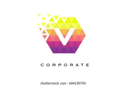 V Colorful Hexagonal Letter Logo Design with Mosaic Rainbow Pattern.