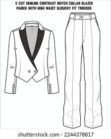 V CORTE HEMLINE CONTRAST NOTCH COLLAR BLAZER PAIADO CON ARCHIVO EDITABLE DE TRÓUSUARIO ALTO WAIST SLOUCHY FIT