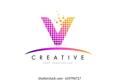 V Dots Letter Logo Design with Magenta Bubble Circles and Swoosh