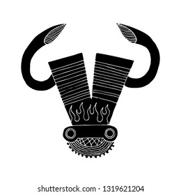 v engine. The drawing engine of the machine in section, illustrating v engine with the shape of bull head and fire. in monochrome silhouette style. for logo, emblem – vector