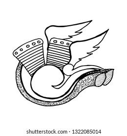 v engine. The drawing engine of the machine in section, illustrating v engine with exhaust pipe, smoke and wings ornament. for logo, emblem – vector