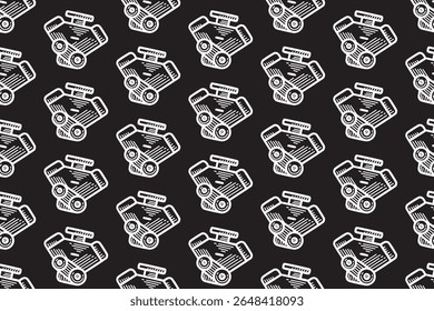 v motor linha arte padrão sem emenda no fundo preto. carro motor gravura doodle fundo padrão. motor automotivo hachura papel de parede para garagem, oficina, auto detalhando mercadorias