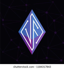 V F Initial letter block chain logo icon vector template. Looping mono line circuit letter on rhombus cube logo