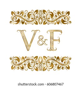 V and F vintage initials logo symbol. The letters are surrounded by ornamental elements. Wedding or business partners monogram in royal style.