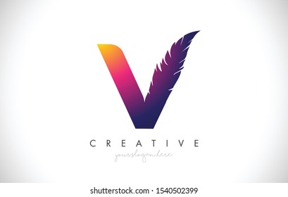 V Feather Letter Logo Icon Design With Feather Feather Creative Look Vector Illustration in Purple Magenta Colors.