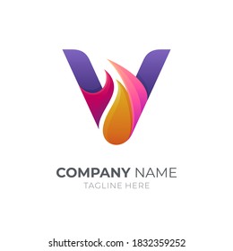 V fire logo. Initial letter F and fire with 3d logo style in gradient multiple color